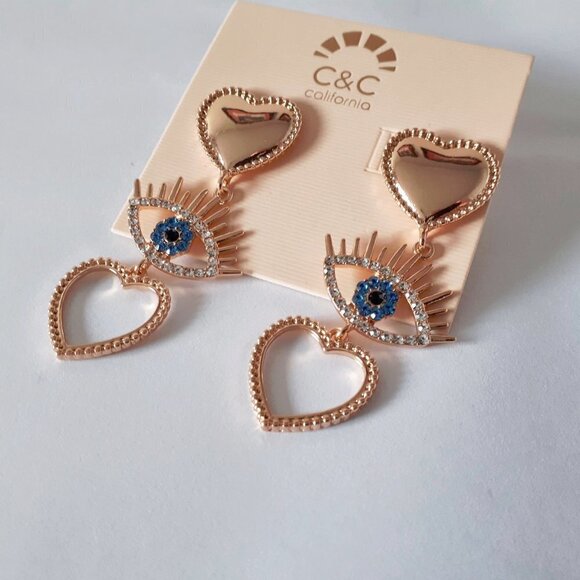 NWOT C&C California gold heart & evil eye earrings - Picture 6 of 7